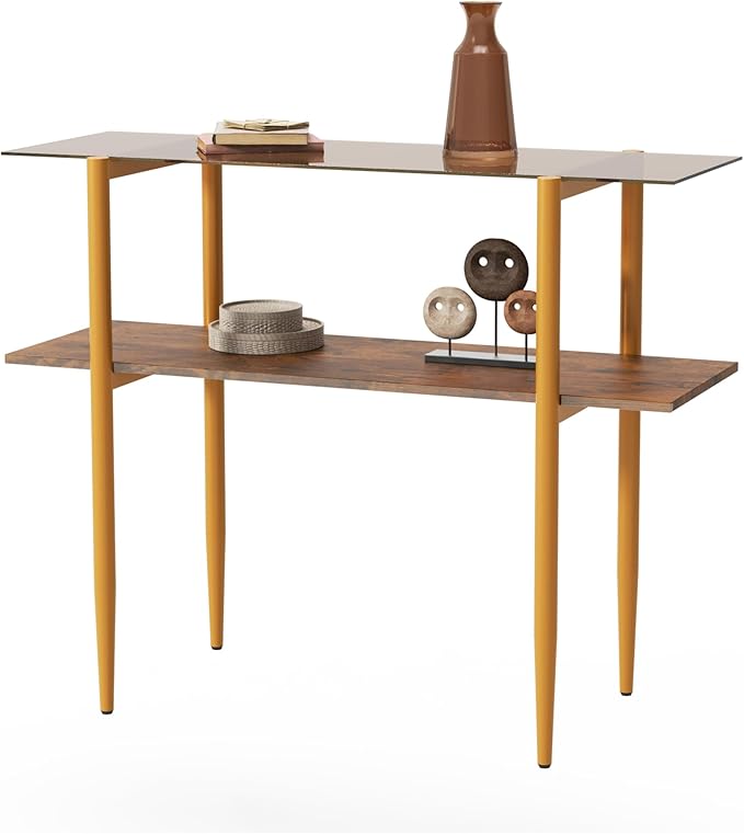 Glass Sofa Table, Mid-Century Modern Entryway Table with Tempered Glass & Golden Legs, 2-Tier Behind Couch Table for Living Room Hallway Entrance, Brown