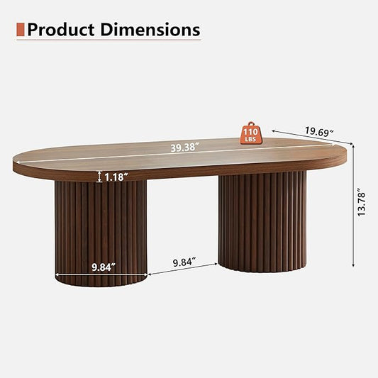 AVZEAR Oval Fluted Coffee Table for Living Room, Mid Century Modern Coffee Table with Fluted Legs, Curved Round Wooden Center Table for Home, Office, Cafe, Vintage Walnut (39.38" x 19.69" x 13.78")