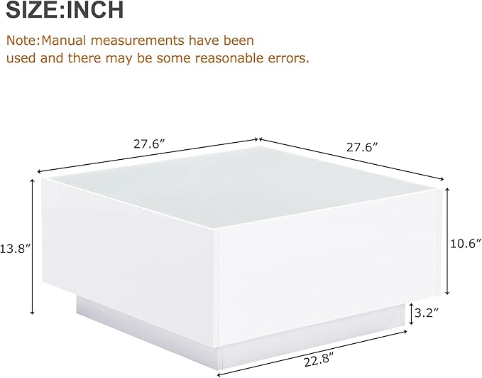 Modern White LED Coffee Table with 5mm Frosted Tempered Glass Top, High Gloss Finish, 16-Color App-Controlled Lights, Sturdy MDF Base, Easy Assembly, 27.56"x27.56"x13.78"