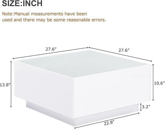 Modern White LED Coffee Table with 5mm Frosted Tempered Glass Top, High Gloss Finish, 16-Color App-Controlled Lights, Sturdy MDF Base, Easy Assembly, 27.56"x27.56"x13.78"