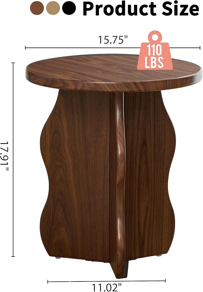 15.7" Dx17.9 H Small Round Side Table, Wooden End Table for Small Narrow Space, Mid-Century Farmhouse Drink Pedestal Table Accent Nightstand for Living Room, Bedroom, Balcony (Walnut)
