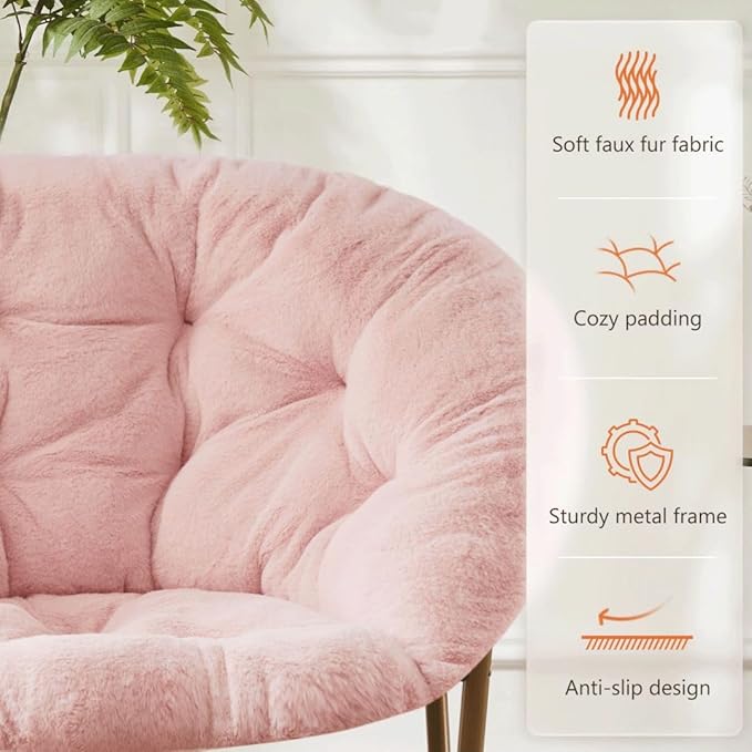 Comfortable Cozy Faux Fur Disc Chair Foldable Feature for Bedroom, Living Room and Dorm, Adult-Sized Relaxation, Pink