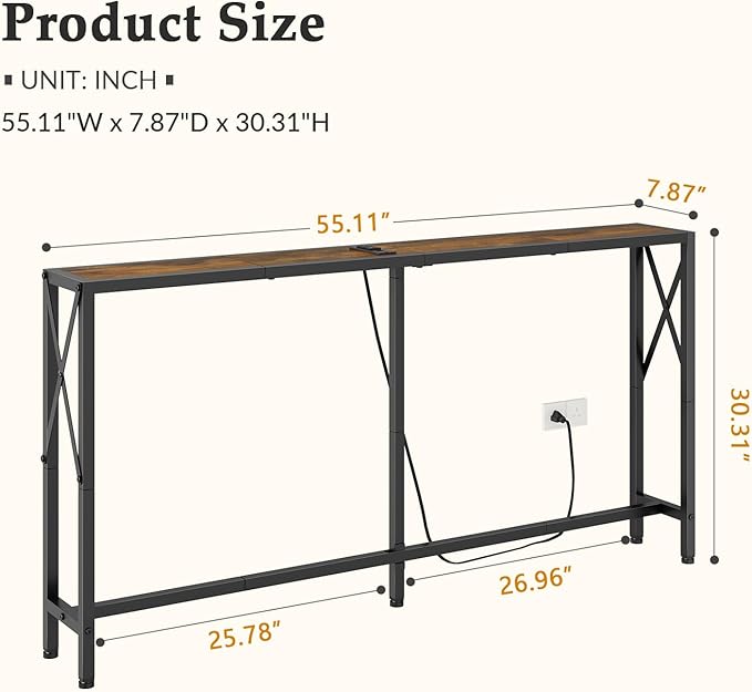 Console Table with Oulets and USB Ports, 55.1" Sofa Table Behind Couch, Industrial Long Skinny Stand for Hallway, Living Room, Bedroom, 6.5 Feet Power Cord, Rustic Brown