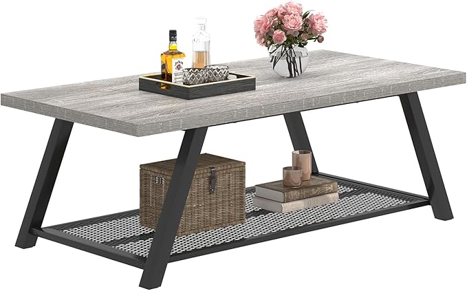 FOLUBAN Industrial Coffee Table, Rustic Wood and Metal Center Table with Storage, Modern Rectangle Cocktail Tea Table for Living Room Office, Light Grey, 47 Inch