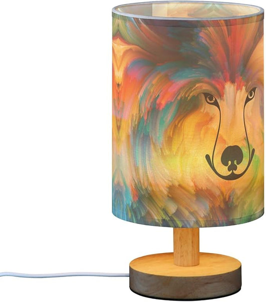 Table Lamp Colorful Dog Paint Portrait Nightstand Lamp with Wood Base Fabric Lamp Shade Bedside Desk Lamp for Living Room Bedroom Kids Room Office