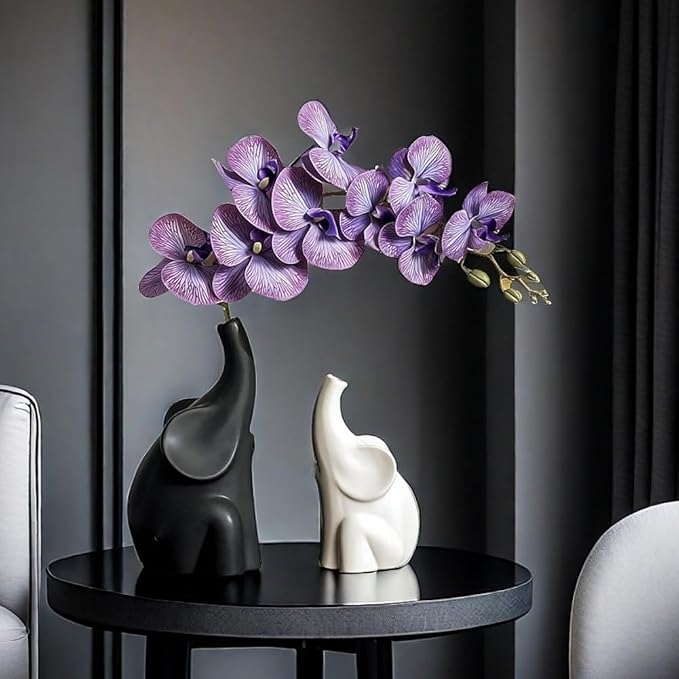 Loving Pair of Elephants,with Flower,Modern Ceramic Decor Statue,Good Luck Elephant,for Bookshelf Living Room Office Table Shelf Decorations.Gifts for Lover, Wife, Mother. (Black white purple)