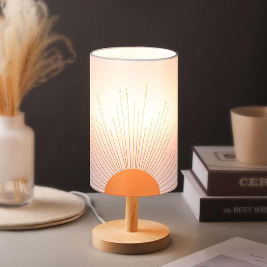Bonuci Bedside Table Lamp for Bedroom Boho Desk Lamp Minimalist Bedside Desk Lamp 3W Sun Background Trendy Abstract Geometric Small Night Stand Lamp with Wood Base for Bedroom Living Room Desk Office