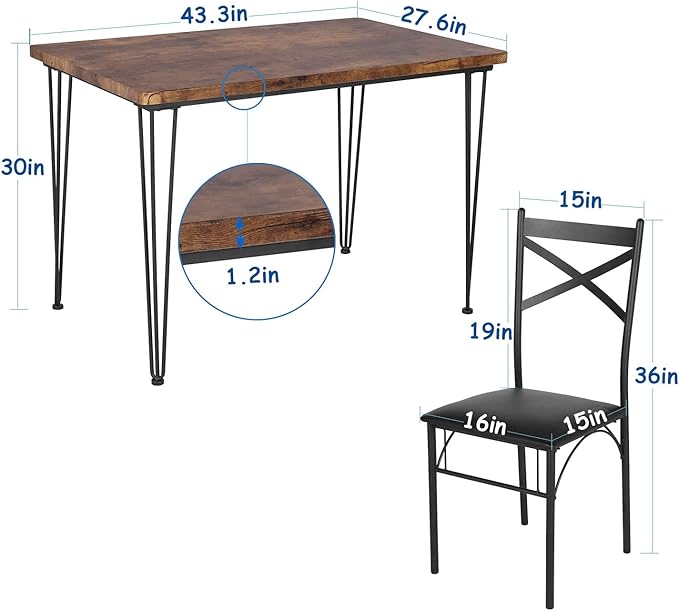 VECELO 5-Piece Dining Table Set for Home Kitchen Small Space Breakfast Nook, 4 Faux Leather Metal Frame Chairs, Retro Brown,Set for 4