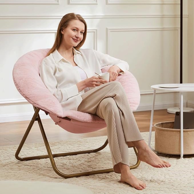 Comfortable Cozy Faux Fur Disc Chair Foldable Feature for Bedroom, Living Room and Dorm, Adult-Sized Relaxation, Pink