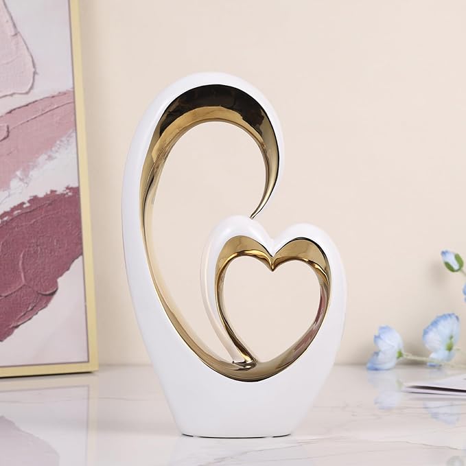 White Gold Ceramic Heart Statues - Abstract Home Sculptures for Bedroom, Wedding, Valentine Decor & Gifts for Women