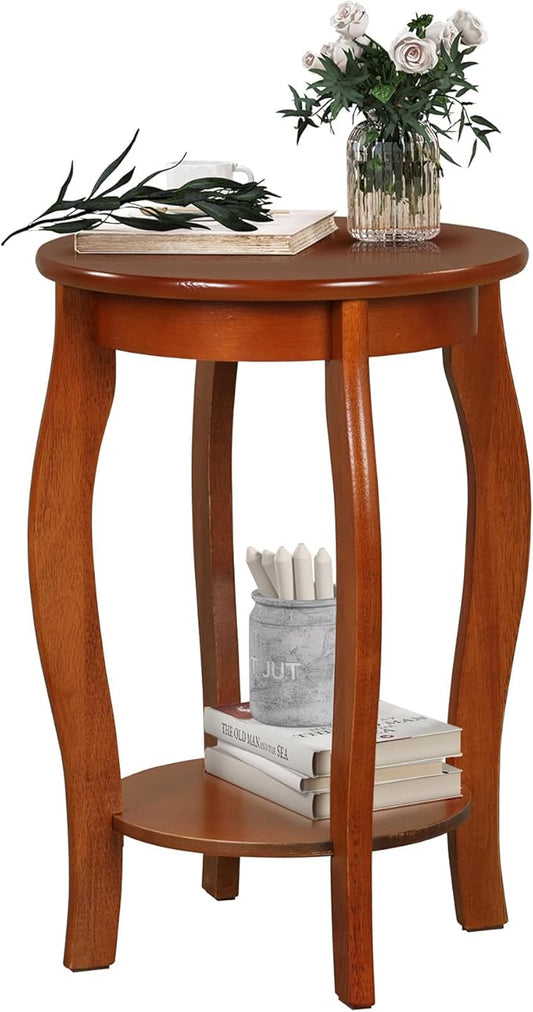 GOFLAME 2-Tier Round End Table, Mid-Century Modern Sofa Side Table with Storage Shelf, Solid Wood Legs, Compact Accent Table, Nightstand for Living Room, Bedroom, Small Space, Walnut