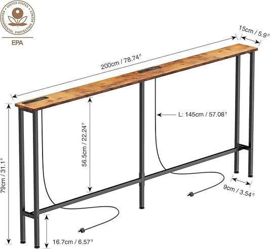 78" Narrow Console Sofa Table - 2 Power Outlets & 4 USB Ports, Metal Frame, Rustic Brown, Perfect for Hallway, Office, and Behind Sofa - Easy Assembly, 4.9' Extension Cord Included