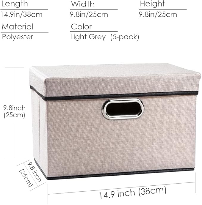 PRANDOM Foldable Storage Bin with Lid [5-Pack] Linen Fabric Decorative Storage Box Organizer Container Basket Cube with Handles Divider for Closet Office Living Room Light Grey(14.9x9.8x9.8)