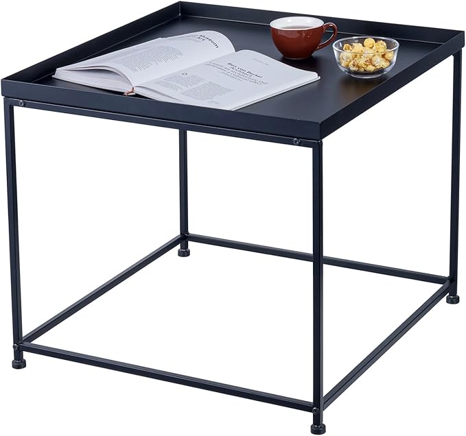 MyGift 24-inch Modern Tray Top End Table - Matte Black Metal Square Side Table or Nightstand