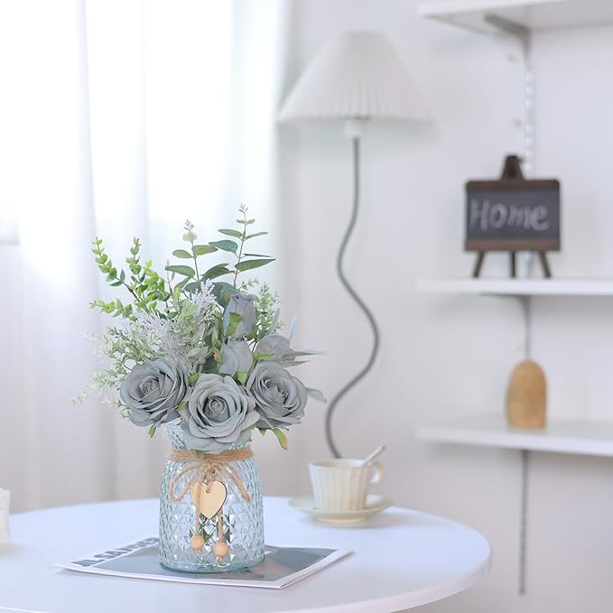 Faux Flowers with Vase,Artificial Silk Roses in Vase, Fake Plant Eucalyptus Flower Arrangement for Home Office Farmhouse Bathroom Dining Table Centerpiece Decorations Coffee Table Decor (Grey Blue)