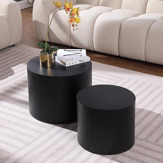 WILLIAMSPACE 18.9" Black Nesting Coffee Table Set of 2, Modern Black Round Coffee Tables Circle Side Table for Small Space, Accent End Table Set, No Assembling, Matte Black