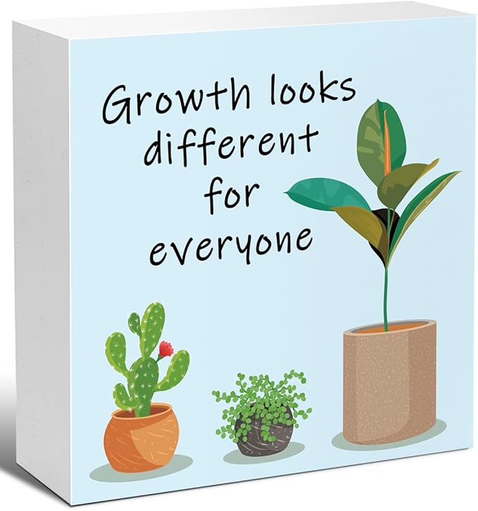 LVQHI Inspirational Wood Block Sign,Growth Looks Different for Everyone Plant Motivational Wooden Block Sign for Home Bedroom Office Desk Table Decor,Inspirational Cheer Up Gift for Coworker Blue-2