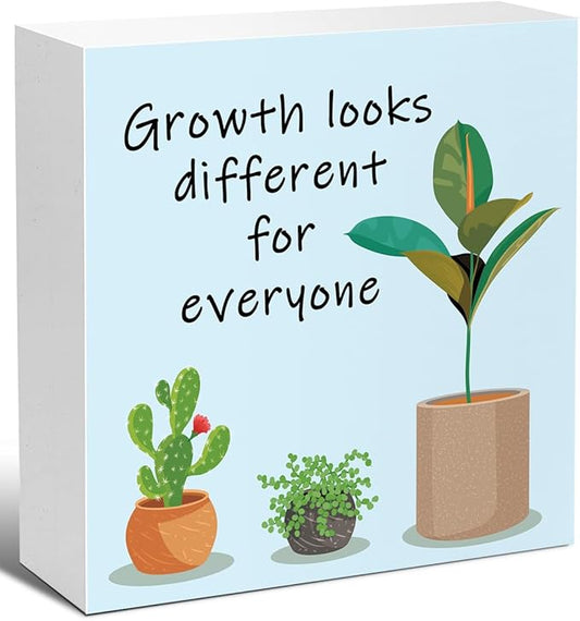 LVQHI Inspirational Wood Block Sign,Growth Looks Different for Everyone Plant Motivational Wooden Block Sign for Home Bedroom Office Desk Table Decor,Inspirational Cheer Up Gift for Coworker Blue-2