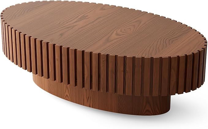 43.31" Oval Drum Coffee Table, Modern Handcraft Fluted Drum Center Table, Wooden Oval Coffee Table Center Table with Sturdy Pedestal for Living Room Apartment (Natural Wood)