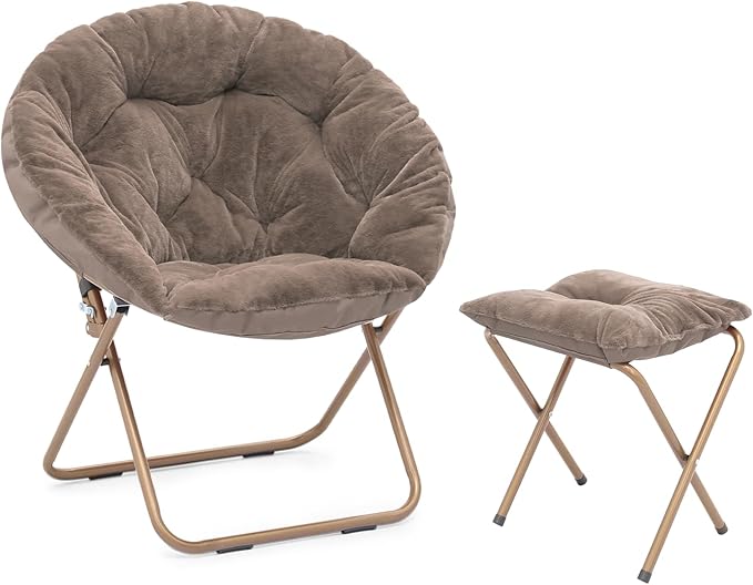 Athena Collection Saucer Chair with Ottoman Comfy Chair for Bed Room Living Room Folding Round Cozy Chair Faux Fur Metal Frame Foldable Lazy Chair Accent Chair Reading Chair, Brown