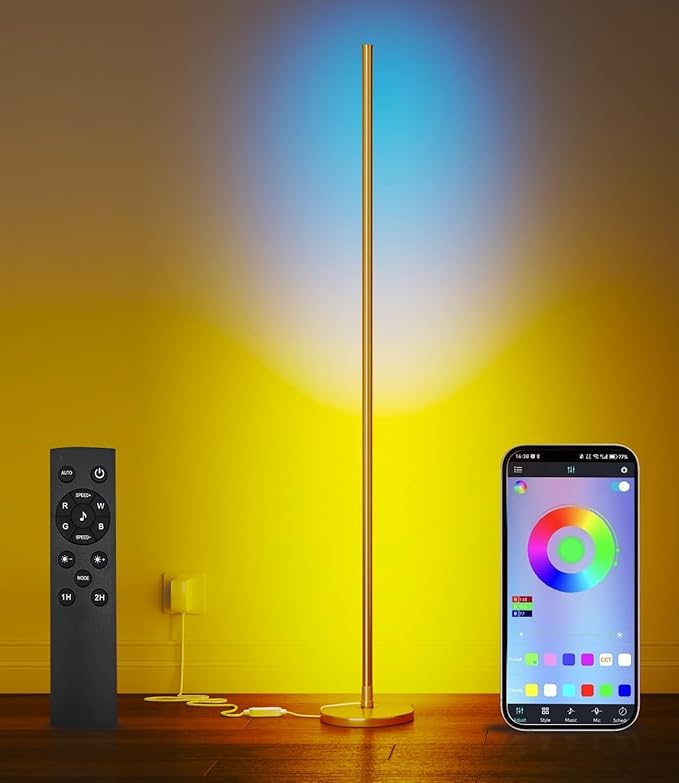 luckystyle Smart RGB Corner Floor Lamp,Bright LED Tall Modern Floor Lamp with APP and Remote,Ambient Lighting Color Changing Standing Lamps with Music Mode and Timing for Living Room,Bedroom Gold