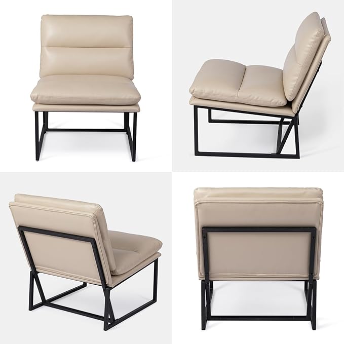 Glitzhome Mid Century Modern Accent Chair, Beige Thick Leatherette With Metal Frame, Side Chair With Backrest, Upholstered Leisure for Living Room, Bedroom, Office, 1PC