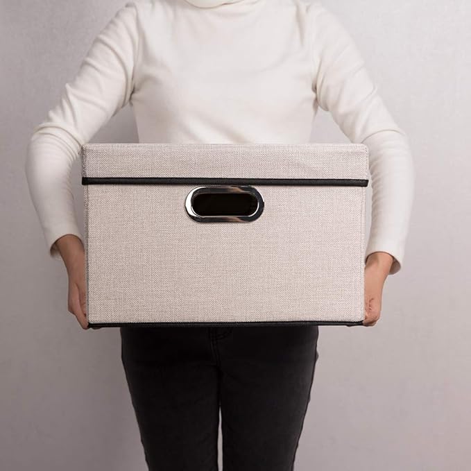 PRANDOM Foldable Storage Bin with Lid [3-Pack] Linen Fabric Decorative Storage Box Organizer Container Basket Cube with Handles Divider for Closet Office Living Room Light Grey(14.9x9.8x9.8)