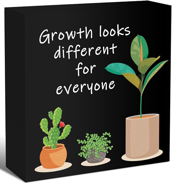 LVQHI Black Inspirational Wood Block Sign,Growth Looks Different for Everyone Plant Motivational Wooden Block Sign for Home Bedroom Office Desk Table Decor,Inspirational Cheer Up Gift for Coworker