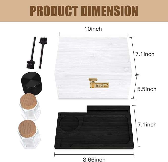 Large bamboo box, locked storage decorative box with combination lock, wooden lock box with lid, wooden locked storage box with removable tray and jars（White&Black）