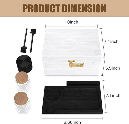 Large bamboo box, locked storage decorative box with combination lock, wooden lock box with lid, wooden locked storage box with removable tray and jars（White&Black）