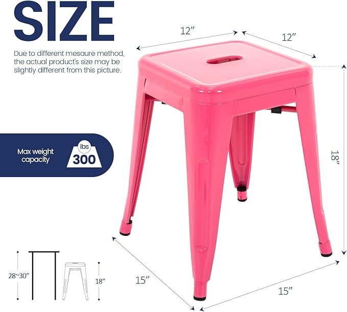 Brage Living 18 Inch Industrial Metal Stools Set of 2, Stackable Classroom Stools, Backless Metal Dining Chairs for Indoor Outdoor, Kitchen Short Stools (Hot Pink)