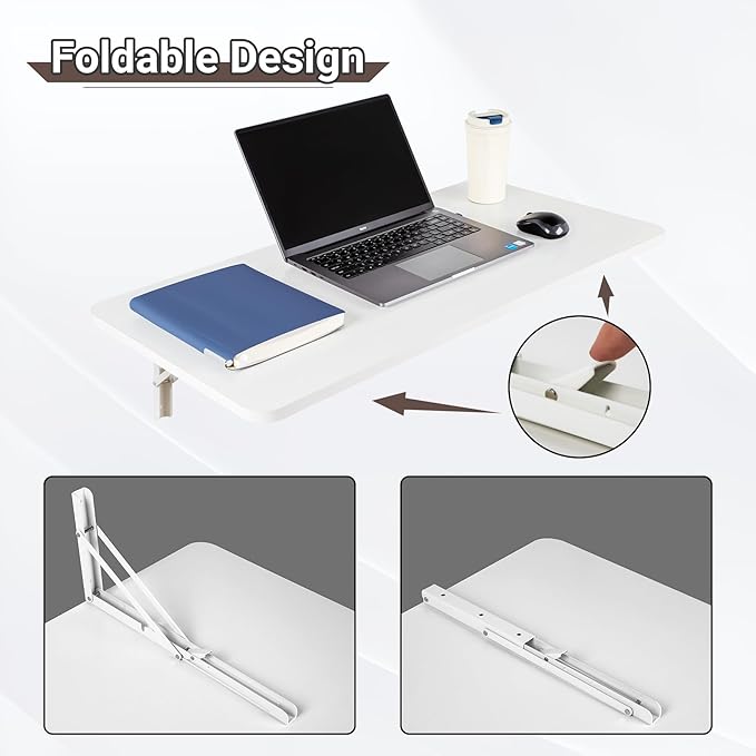 Upgrade Wall Mounted Folding Table 31.5”L x 15.7”W, Laundry Folding Table with Heavy Duty Metal Collapsible Shelf Brackets, Wall Mounted Desk Fold Down for Small Spaces, White