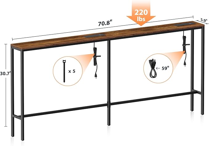 Narrow Sofa Table with 2 Power Outlets, 71” Thin Console Tables Narrow Long, Behind Couch Table Skinny, Wood Console Tables for Entryway, Living Room, Hallway, Foyer, Rustic Brown