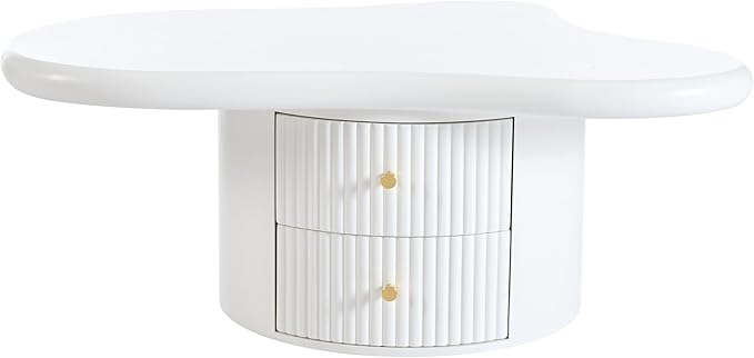 38.2" Cloud Coffee Table with Storage Drawers Irregular Coffee Table with Stools for Living Room Modern Cute Coffee Tables Low Small Center Table for Small Space Apartment Cream White