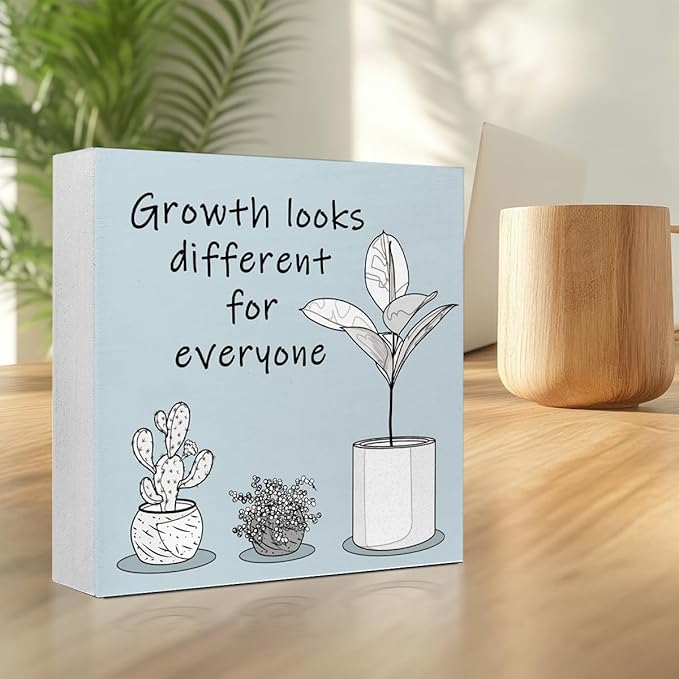 LVQHI Blue Inspirational Wood Block Sign,Growth Looks Different for Everyone Plant Motivational Wooden Block Sign for Home Bedroom Office Desk Decor,Inspirational Cheer Up Gift for Coworker Friend