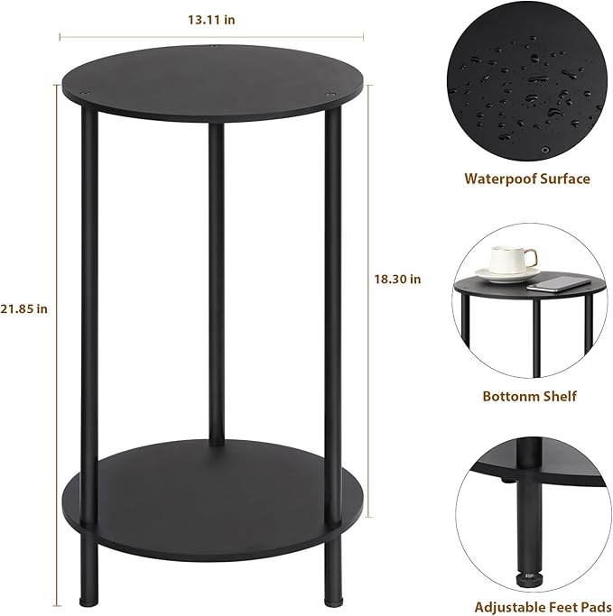 SEHERTIWY Small Round Side Table, 2 Tiers Farmhouse End Tables, Set of 2 Accent Tables for Small Spaces, Night Stands for Bedrooms Living Room, Coffee Tables with Storage Shelf, Black