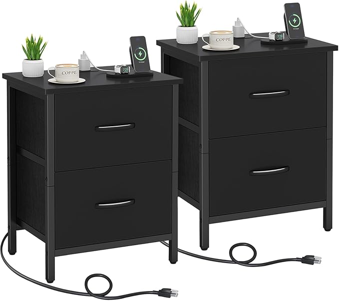 Vagusicc Nightstand Set of 2 with Charging Station, End Table Bedside Table with Power Outlet & USB Ports, Side Table with 2 Fabric Drawers for Bedroom, Living Room, Black