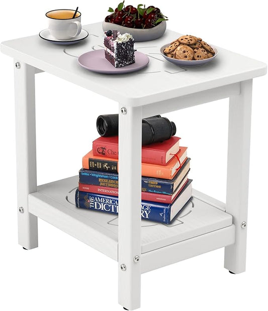 16.6'' HDPE Outdoor Side Table, Weatherproof Small Outdoor Table for Adirondack, Patio, Porch, Balcony, Poolside (2-Tier, White)