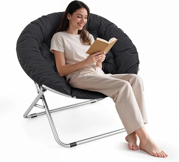 Athena Collection Comfy Saucer Chair Folding Cozy Chair for Bedroom Living Room Accent Chair Fabric Reading Chair Foldable Metal Frame Lazy Chair Moon Chair for Adult, Black