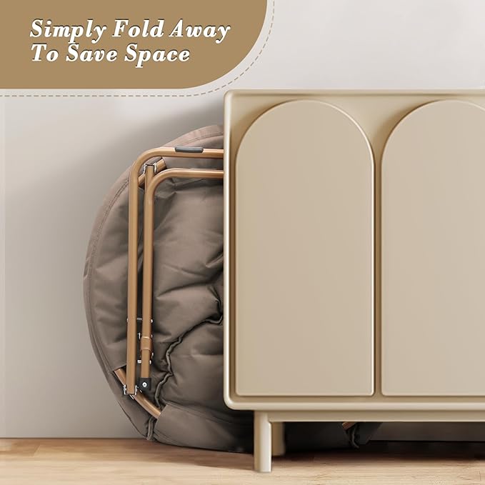 Athena Collection Saucer Chair with Ottoman Comfy Chair for Bed Room Living Room Folding Round Cozy Chair Faux Fur Metal Frame Foldable Lazy Chair Accent Chair Reading Chair Set of 2, Brown