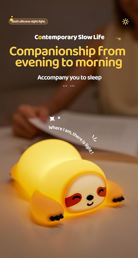 Cute Sloth Night Light, Animal Lamp, Food Grade Silicone, Rechargeable, 3 Level Dimmable, Squishy Nursery Nightlight for Desk Decor, Funny Gifts Stuff for Boys Girls Baby, White Elephant Gifts