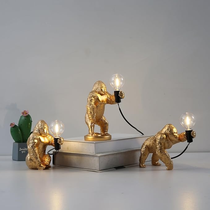 Resin Gorilla Table Lamp Gorilla Themed Animal Desk Lamp Art Monkey Night Light Lamp for Bedside,Living Room,Office Decor,AC 110V (Gold Standing)