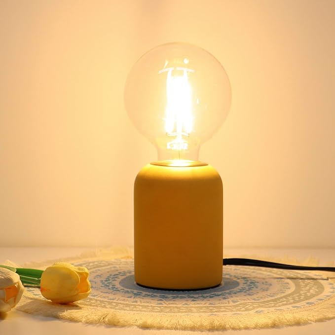 Mini Modern Yellow Concrete Bedside Table Lamp, 3.5 x 3.5 x 8.5 Inch Nightstand Lamps, with Spherical Bulb Round Side Table Lamp for Bedroom Living Room Entryway Table Lamps
