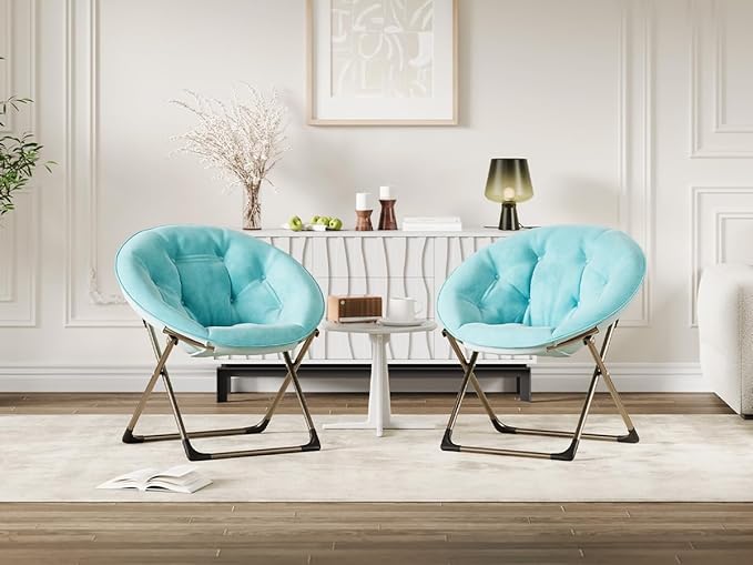 GarveeHome Comfy Oversized Saucer Chair – Soft Plush Fabric Reading Lounger for Adults, Stable X-Large Metal Frame Foldable Accent Lazy Chair for Bedroom, Living Room, Dorm, Office, Blue