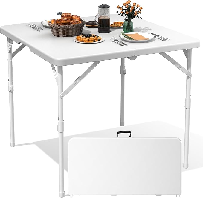 34" Folding Table, Portable Square Card Table with Collapsible Legs and Carrrying Handle, White Plastic Foldable Tables for Camping, Picnic, Office, Party, Events, Puzzle, Games, Working