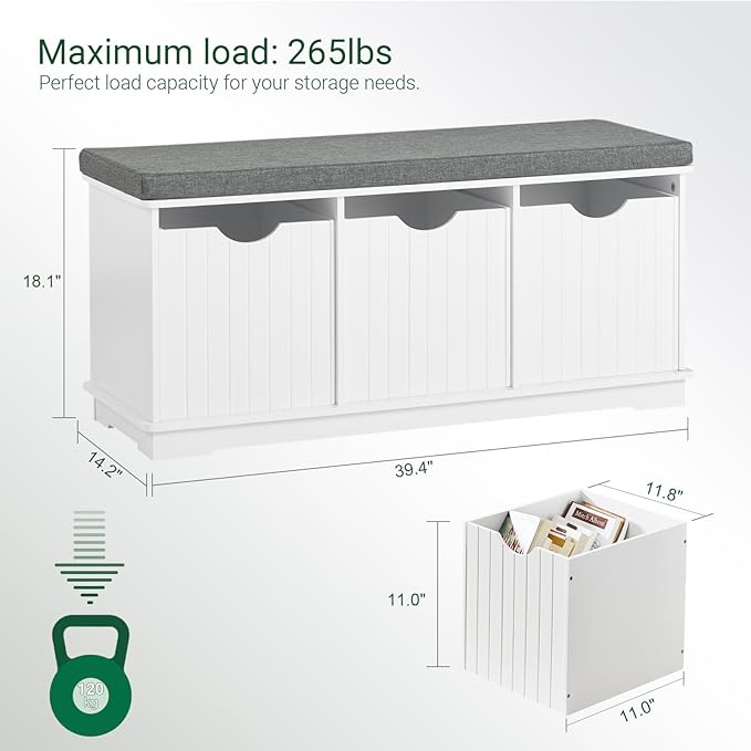 Haotian White Storage Bench with Drawers & Padded Seat Cushion, Hallway Shoe Cabinet Shoe Bench, FSR30-W