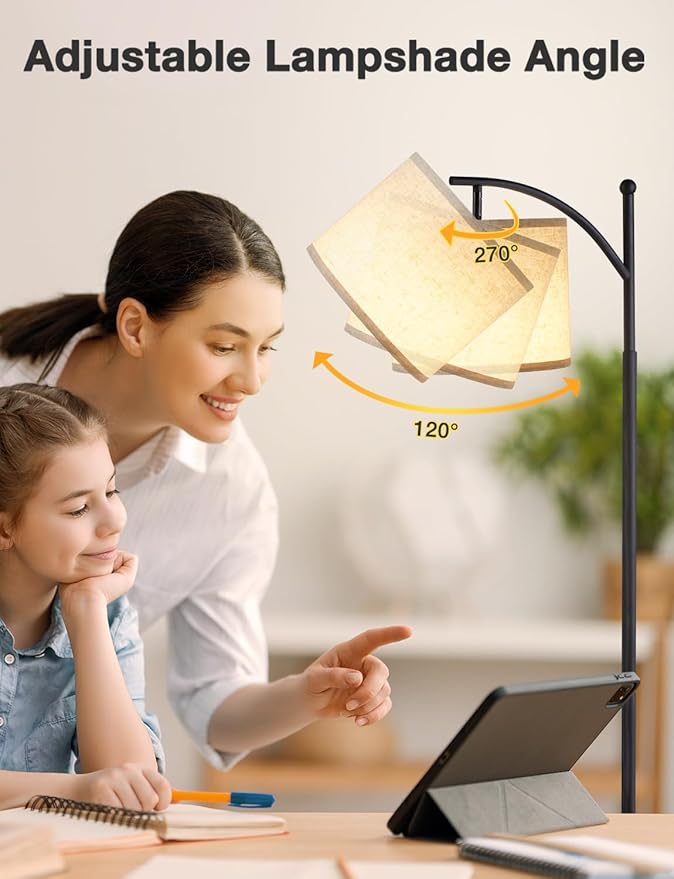 Ambimall 60" Floor Lamps for Living Room with 3 Color Temperatures, Standing Lamp Tall with Adjustable Linen Shade, Tall Lamps for Living Room Bedroom Office Classroom Dorm Room(9W Bulb Included)