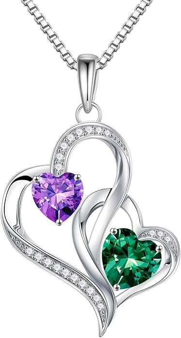 Iefil Christmas Gifts for Women - Double Heart Birthstone Necklace, 925 Sterling Silver Heart Pendant Necklace, Anniversary Birthday Gifts for Women | Personalized Jewelry Gift for Wife Mom Girlfriend