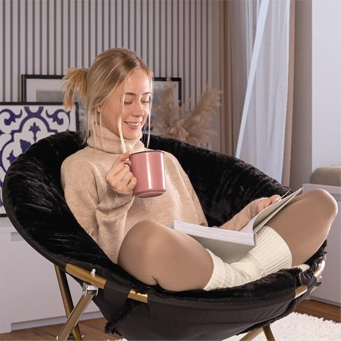 Milliard Saucer Chair For Adults, Teens & Kids, Black, Faux Fur XL Circle Chair for Bedroom, Dorm & Gaming, Foldable Comfy Accent Seat for Small Spaces, Folding Moon / Mushroom / Round Oversized Style