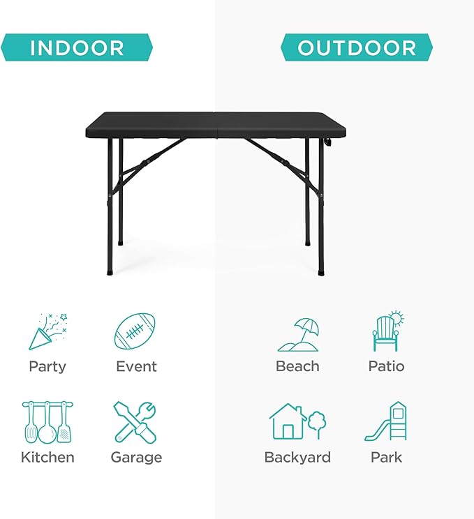 Best Choice Products 4ft Plastic Folding Table, Indoor Outdoor Heavy Duty Portable w/Handle, Lock for Picnic, Party, Camping - Black